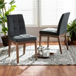 Outlet 🛒 Baxton Studio Tara Mid-Century Upholstered And Walnut Finished 2-PC Dining Chair Set Charcoal 😍