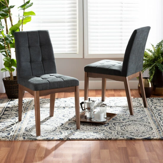 Outlet 🛒 Baxton Studio Tara Mid-Century Upholstered And Walnut Finished 2-PC Dining Chair Set Charcoal 😍