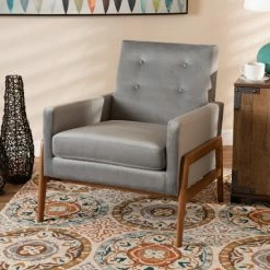 Best deal 😍 Baxton Studio Perris Mid-Century Modern Walnut Finished Wood Lounge Chair Tan 🛒