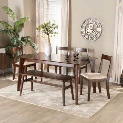 Promo 😉 Baxton Studio Carola Mid-Century Modern Dark Brown Finished Wood Dining Set Cream, Dark Brown ✔️