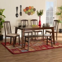 Budget ❤️ Baxton Studio Clarissa Mid-Century Modern Fabric And Dark Brown Finished Wood Dining Set Cream, Dark Brown 👏
