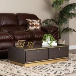 Best Sale 🛒 Baxton Studio Cormac Transitional Wood And Metal 2-Drawer Coffee Table Walnut Brown, Gold 🛒
