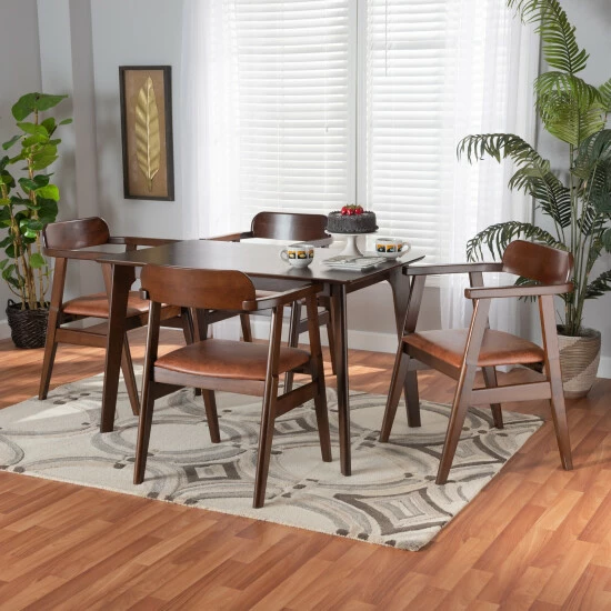 Discount π Baxton Studio Cleo Mid-Century Modern Faux Leather And Dark Brown Finished Wood Dining Set Espresso, Dark Brown π