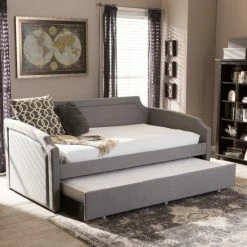 Cheap ✔️ Baxton Studio Paraskeve Modern And Contemporary Corners Sofa Twin Daybed With Roll-out Trundle Bed Beige 😉