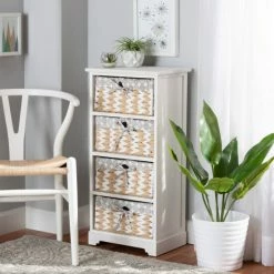Hot Sale ⭐ Baxton Studio Rianne Modern Transitional White Wood 4-Willow Basket Storage Unit 🧨