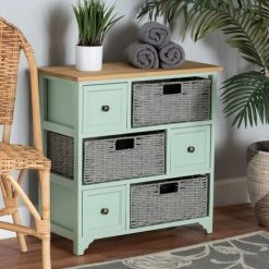 Cheap ✨ Baxton Studio Valtina Modern And Contemporary Two-Tone Oak Brown And Mint Green Finished Wood 3-Drawer Storage Unit With Baskets ✨