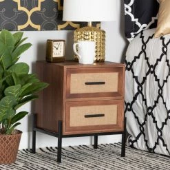 Hot Sale 🛒 Baxton Studio Paxley Mid-Century Modern Industrial Walnut Brown Finished Wood And Beige Fabric 2-Drawer End Table 💯