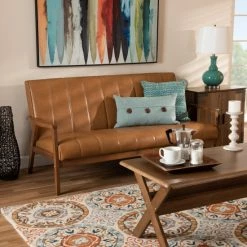 Brand new 🤩 Baxton Studio Nikko Tan Faux Leather And Walnut Finished Wood Sofa ✔️