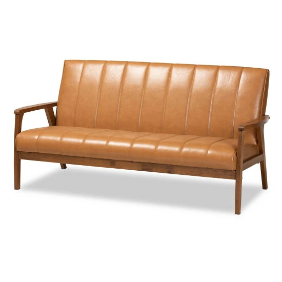 Brand new ๐คฉ Baxton Studio Nikko Tan Faux Leather And Walnut Finished Wood Sofa โ๏ธ - Image 2