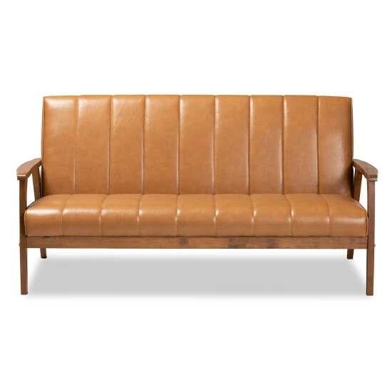 Brand new ๐คฉ Baxton Studio Nikko Tan Faux Leather And Walnut Finished Wood Sofa โ๏ธ - Image 3