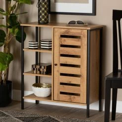 Budget โค๏ธ Baxton Studio Vander Modern Oak Brown Wood And Black Metal 1-Door ๐ Shoe Cabinet ๐