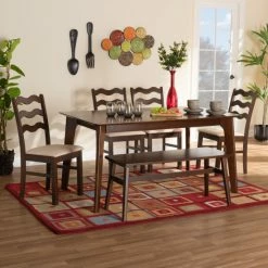 Outlet 🎁 Baxton Studio Amara Mid-Century Modern Cream Fabric And Dark Brown Finished Wood Dining Set Cream, Dark Brown ❤️