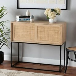 Outlet ✨ Baxton Studio Amelia Mid-Century Modern Transitional Natural Brown Finished Wood And Natural Rattan Sideboard Buffet 🔥